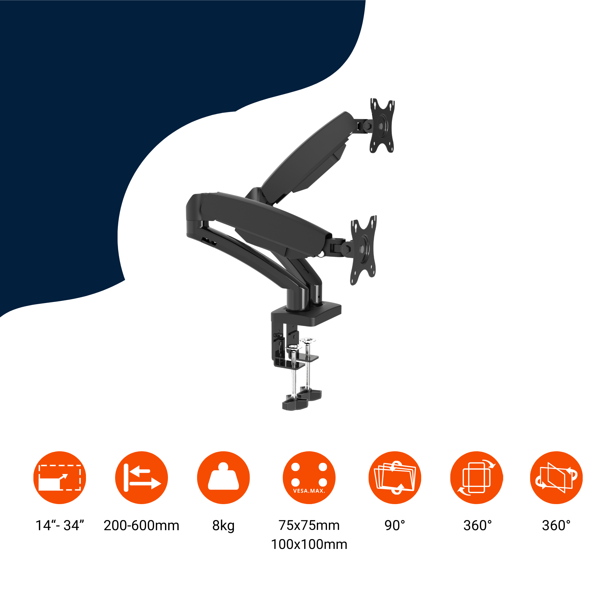 A-PEQ 702 Dubbele monitorarm | 2-8 kg & 2 schermen