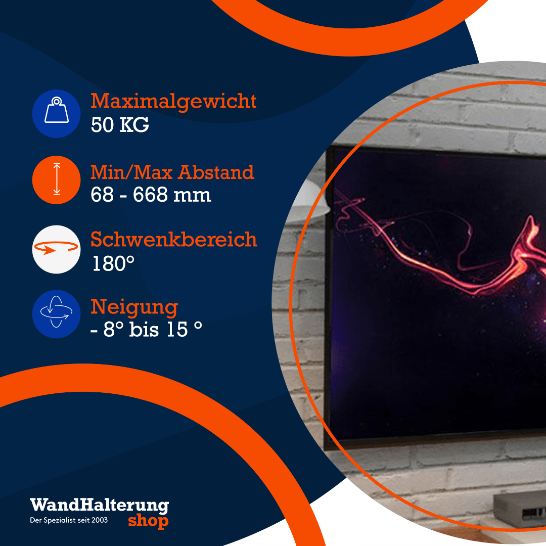 Elektrische TV-Wandhalterung Bratek 64AUTO – Drehbar, geeignet für 50-70 Zoll, max. 50 kg, VESA 600x400