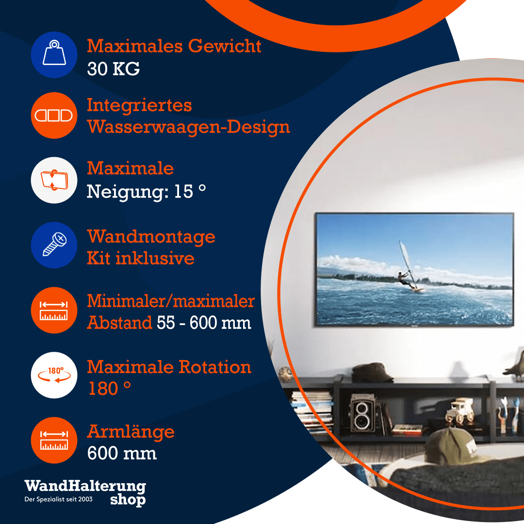 Kombination: Sony VESA-Adapter & A-PEQ APM-60B Wandhalterung – Dreh- und neigbar, mit 60 cm Arm