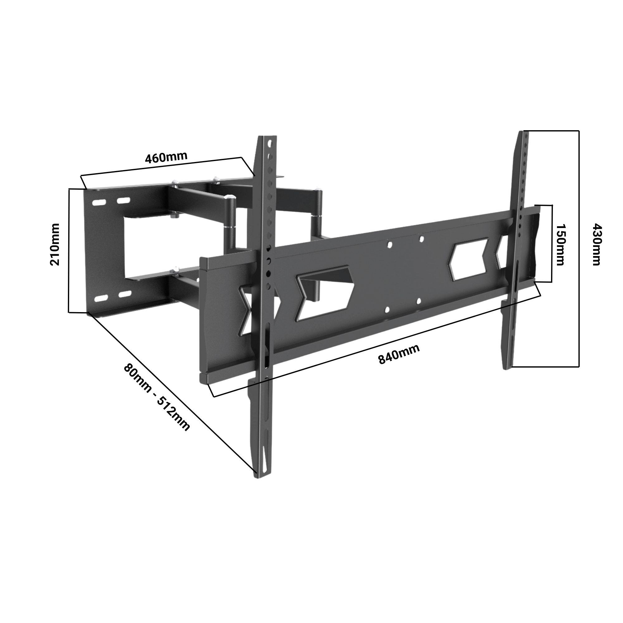 Maßzeichnung der Bratek 84AT TV-Wandhalterung mit 91 cm Armlänge und 80–512 mm Wandabstand