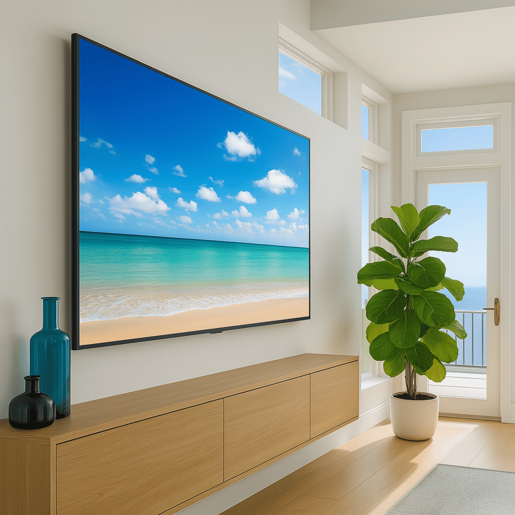 Großer Fernseher flach an der Wand montiert in modernem Wohnzimmer