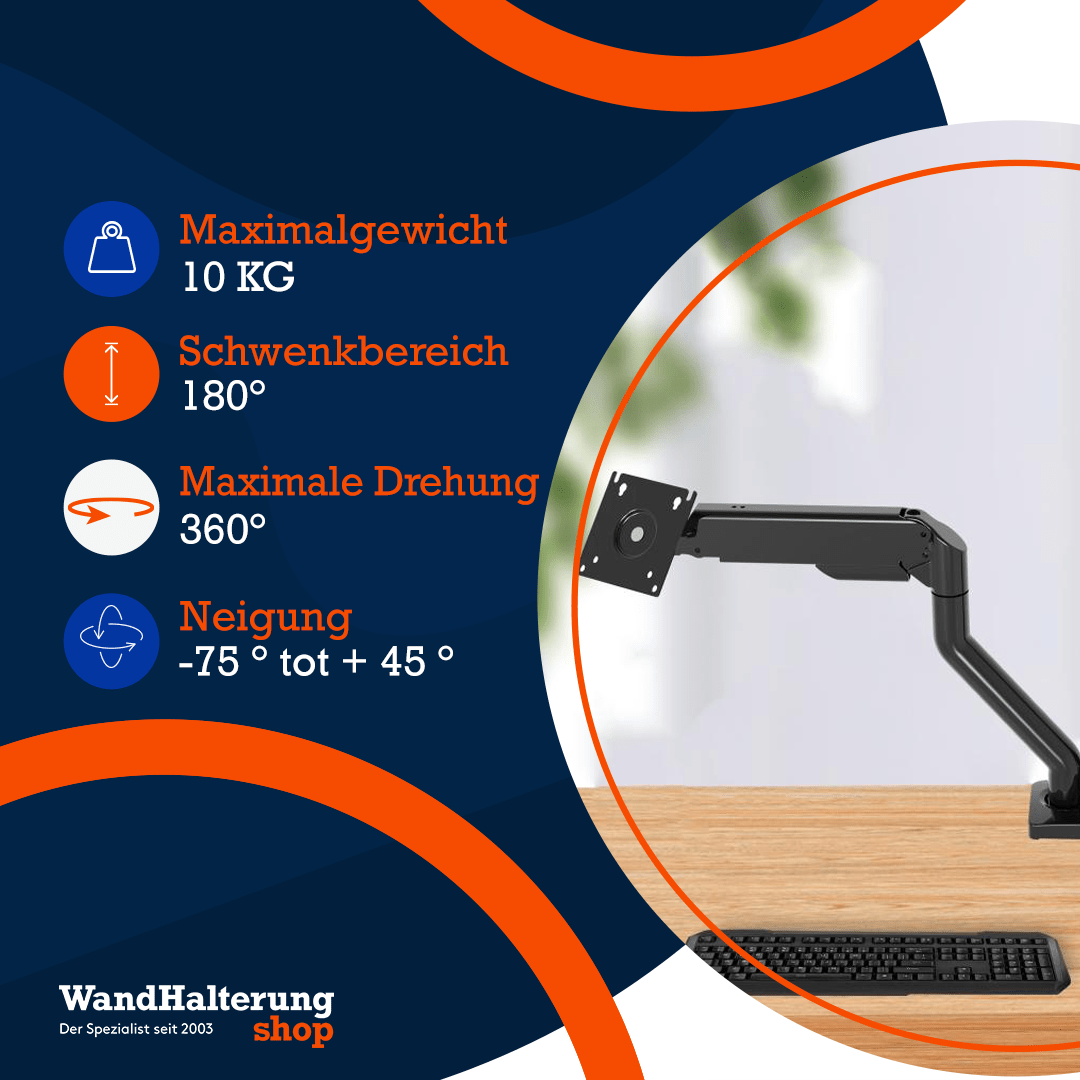 Gasfeder-Monitorarm A-PEQ 1011 für 1 Bildschirm – Tischmontage, Tragkraft 3-10 kg