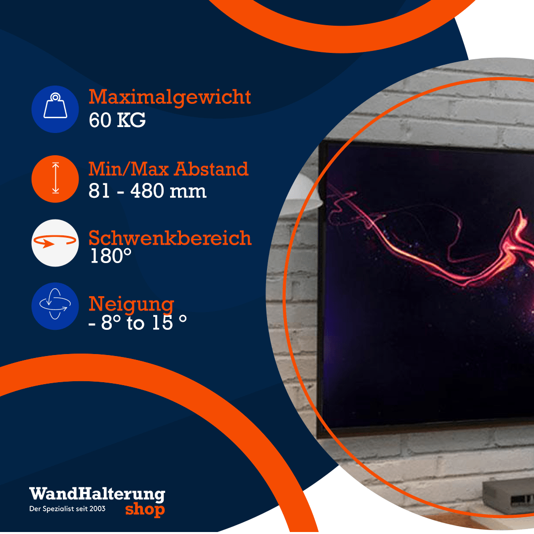 Bratek 64AT drehbare TV-Wandhalterung – Für Fernseher von 37-85 Zoll, max. 60 kg, VESA 600x400